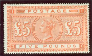 SG 137 £5 orange. A fine mounted mint example. Very fresh with good deep... 