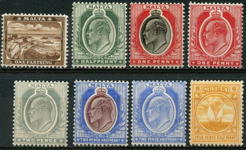 MALTA Sc#29-32, 34-36, 43 1904-11 KEVII 8 values Mint OG Most Hinged