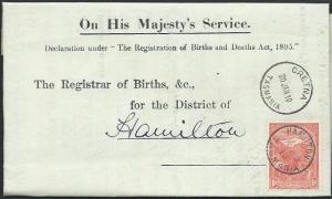 TASMANIA 1910 Birth notice GRETNA cds to Hamilton 1d pictorial added.......58979