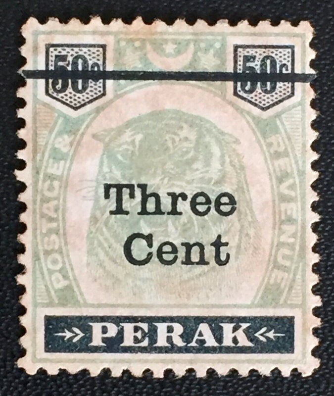 Malaya 1900 Perak Tiger 3c opt 50c NO STOP after “Cent MNG SG#85b M2326