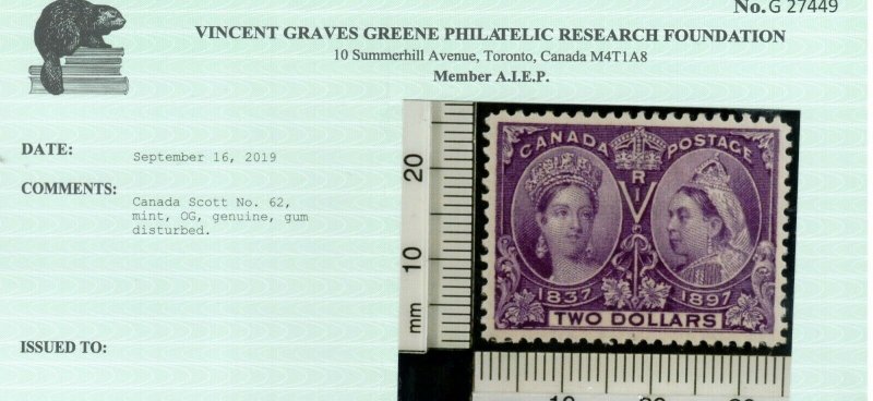 Canada #62 Extra Fine Mint Full Original Gum Hinged *With Certificate*