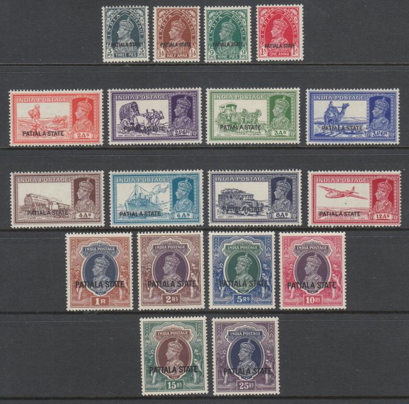 India, Patiala, Sc 80-97 MLH. 1937-38 KGVI definitives with overprint, cplt set