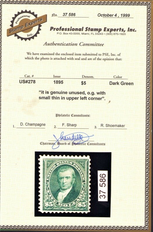 US SC #278 PSE Cert Original Gum Hinged, Small Thin Upper Left Corner 