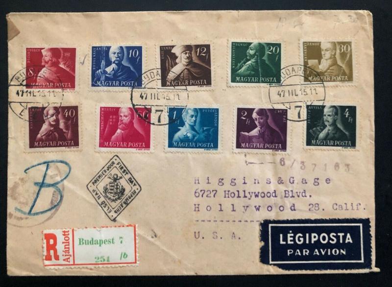 1947 Budapest Hungary First Day Cover To Hollywood Ca USA MI#971-80 Compt Set