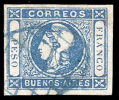 Argentina, Buenos Aires #10 Cat$25, 1859 1p blue, used