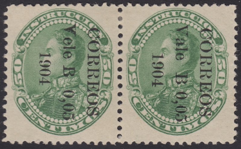 Venezuela 1904 5c on 50c Green, Vele error. LM Mint pair. Scott 230a, SG 310a