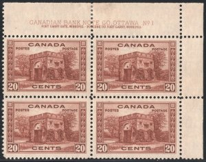 Canada SC#243 20¢ Fort Garry Plate Block UR #1 (1938) MLH