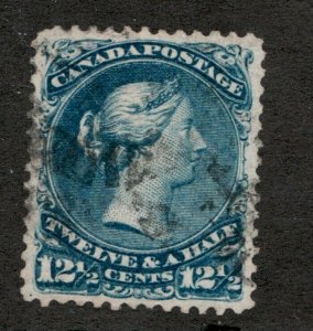 #28  - Canada -  1869  -  12½ Cent - Used  - VF - tiny thin - superfleas cv $160
