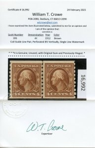 US SCOTT #395 LINE PAIR MINT-F-VF-OG-LH W/ CROWE CERT SCV $475 (3/3/21 GP)