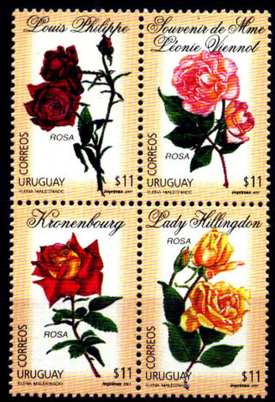 URUGUAY 2001 FLORA,FLOWERS ROSES Yv 1965-8 MI 2616-9 MNH CV 28 EURO