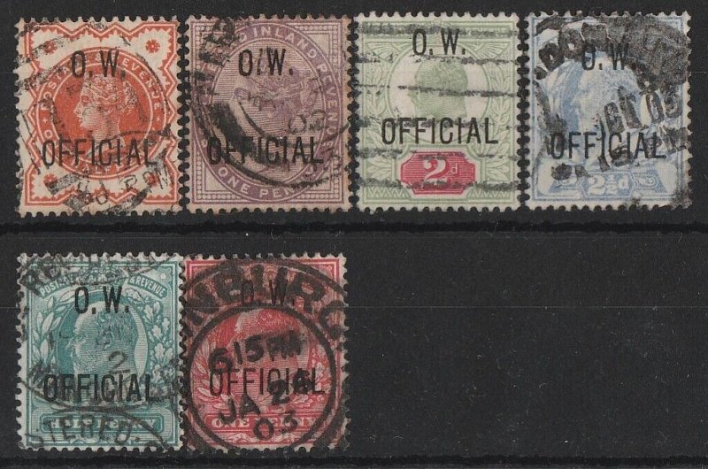 GREAT BRITAIN 1896 'O.W OFFICIAL' on QV & KEVII. SG O31, 36-39 cat £1785. Rare.