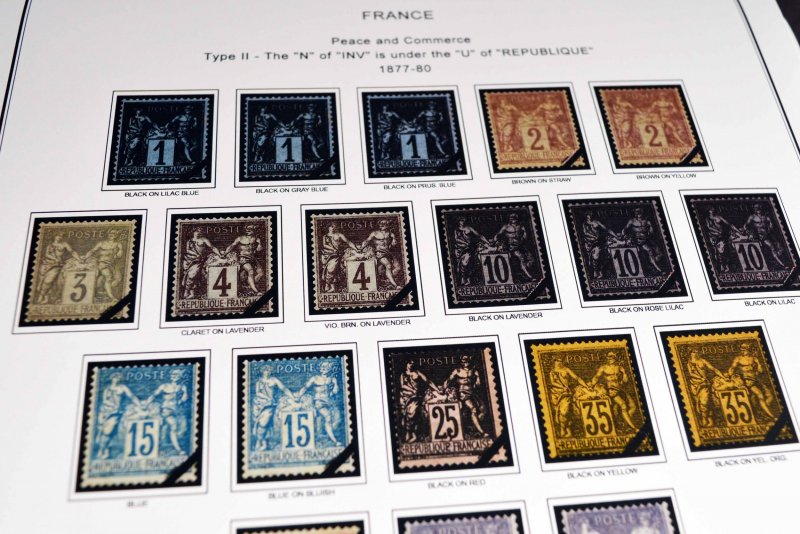 COLOR PRINTED FRANCE 1849-1939 STAMP ALBUM PAGES (29 illustrated pages)