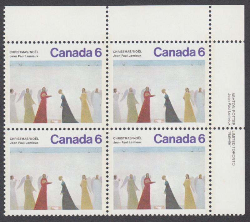 Canada - #650 Christmas Plate Block - MNH