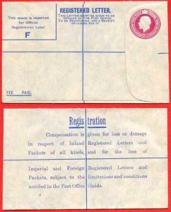 RP43 KGV 4 1/2d Puce Registered Envelope BLUE WATSON LINING Size F Mint