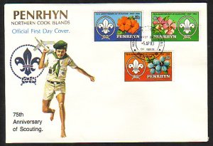 Penrhyn Is., Scott cat. 215-217. Scouting Anniversary issue. First day cover. ^