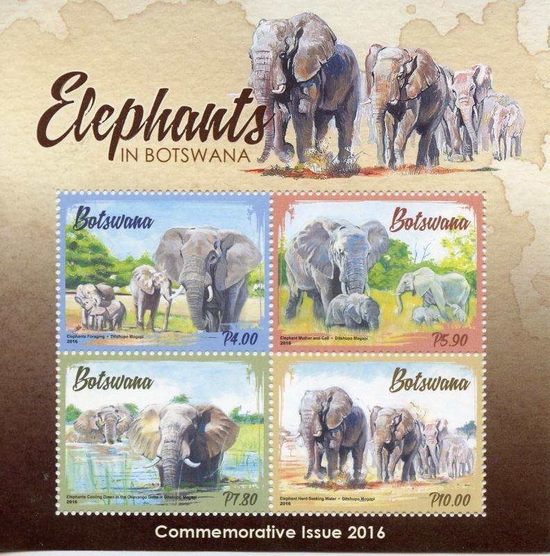 Botswana 2016 Elephants 4v M/S Wild Animals Fauna Stamps