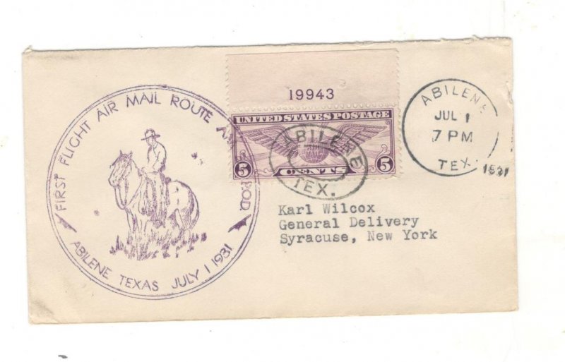 US FIRST FLIGHT COVER: 1931 ABILENE TX W/PLATE# SINGL3
