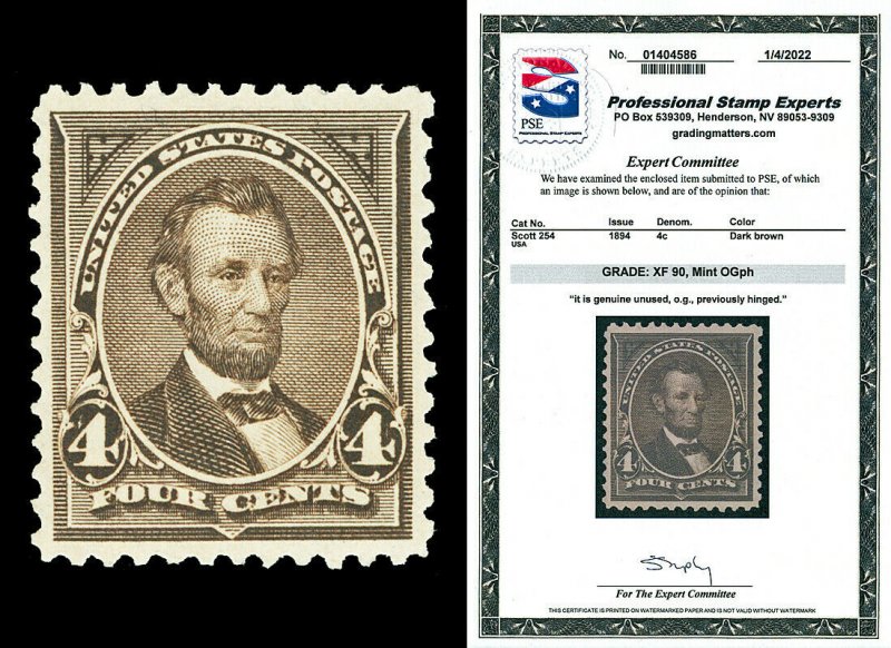 Scott 254 1894 4c Dark Brown Lincoln Mint Graded XF 90 LH with PSE CERTIFICATE! 