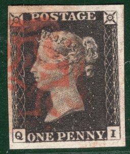GB PENNY INTENSE BLACK 1840 QV Stamp SG.1 1d Plate 1b (QI) Used MX c£400 BRRED19