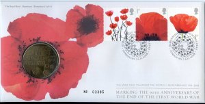 2008 GB Lest We Forget End of WW1 90th Ann Royal Mail/Mint Medallic Coin FDC