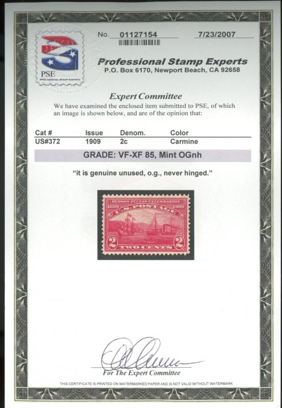 U.S. #372 MINT WITH PSE CERT OG NH