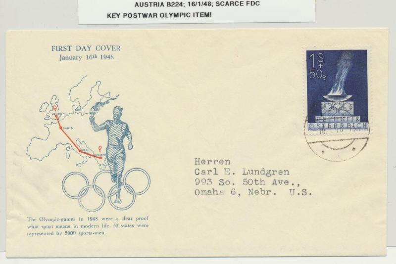 AUSTRIA 1948 OLYMPIC 1s+50g ON FIRST DAY COVER Sc#B224 KEY ITEM (SEE BELOW)