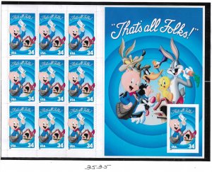 US #3535 2001 THAT'S ALL FOLKS -PANE OF 10 34C -DIE CUTTING - MINT NH