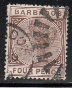 Barbados Sc 65 1885 4 d brown Victoria stamp used