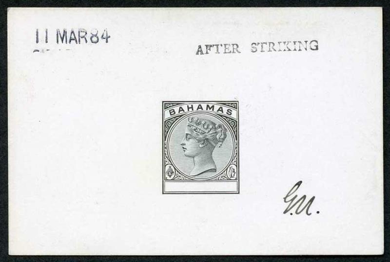 Bahamas 1884 Master Die Proof in black on glazed card 11 MAR 84 AFTER STRIKING