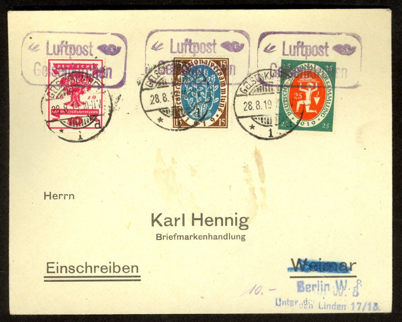 GERMANY 1919 LUFTPOST GELSENKIRCHEN Flight Cover Sc 105-107