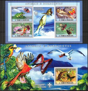 Sao Tome and Principe 2007 Butterflies Animals Birds Frogs Bugs sheet + S/S MNH