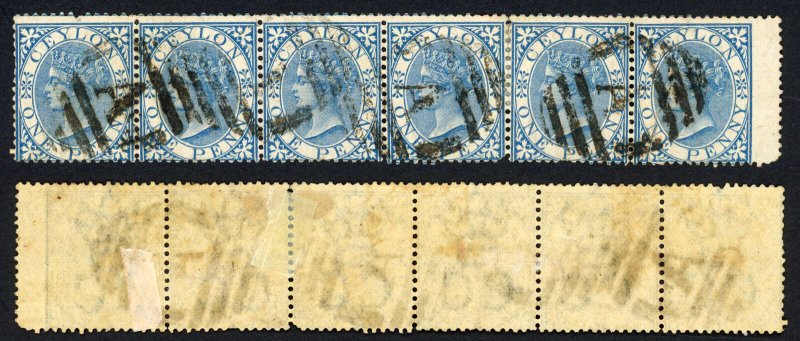 Ceylon SG61 1d Blue Perf 14 Strip of 6 (re-enforced perfs) Cat 78 pounds