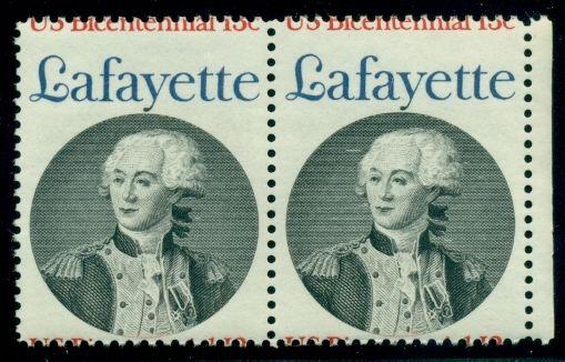 US #1716v 13¢ Lafayette, og, NH, pair w/PERF ERROR causing value shift to top