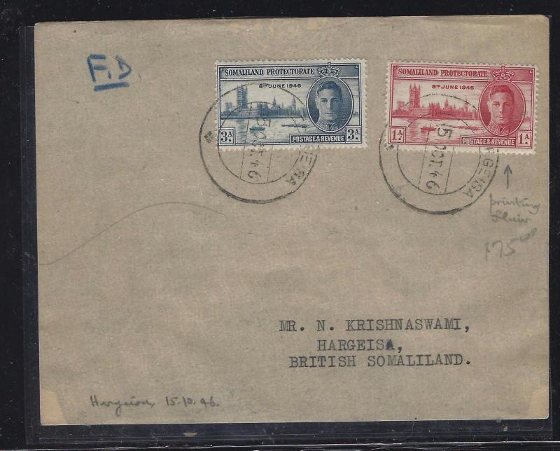 SOMALILAND COVER (PP0312B)   KGVI  PEACE SET  HARGEISA   TO ENGLAND