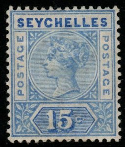 SEYCHELLES SG30a 1900 15c ULTRAMARINE WITH REPAIRED S MTD MINT