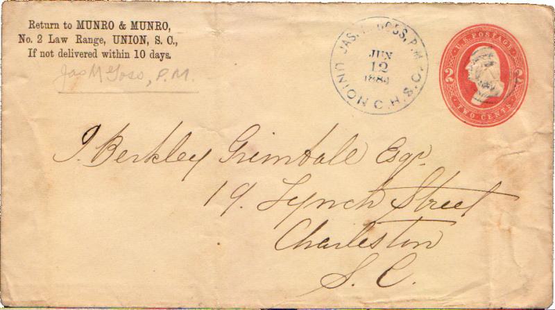 United States South Carolina Union Jas. H. Goss P.M. 1884 target  Postal Stat...