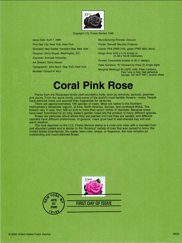 US SP1191a Coral Pink Rose Souvenir Page FDC