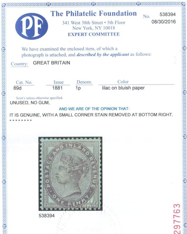Great Britain #89d Mint Lilac On Bluish Paper **With Certificate**