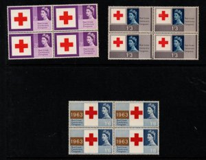 Great Britain Sc 398-400 1963 Red Cross Anniv stamp set blocks of 4 mint NH