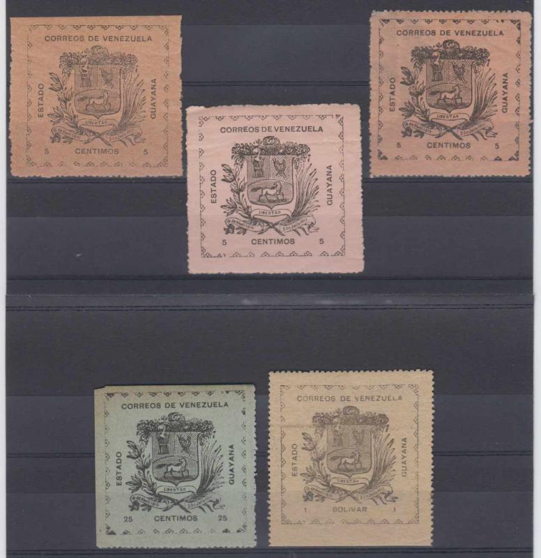 VENEZUELA GUAYANA 1903 Sc 11, 13 & 15 TOP VALUE FIVE FORGERIES SHADES (€425)