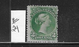 CANADA SCOTT #24 1868-76 LARGE QUEEN 2C (GREEN) PERF 12- MINT OG LIGHT HINGED