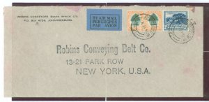 South Africa 61a/61b/57a 1934 Commercial cover Johannesburg to New York 10/2/34 Light vertical creases