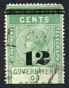 Ceylon QV SGT23 12c on 25c Green Telegraph Stamp Wmk Crown CA (Narrow)