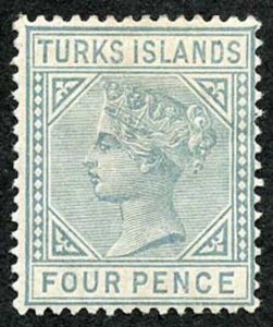 TURKS ISLANDS SG57 4d Grey Wmk Crown CA Perf 14 M/M (hinge remainder)