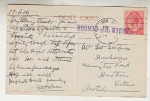 SOUTH AFRICA, 1916 ppc. Cape Town, Camps Bay, 1d. to Victoria, PASSED BY CENSOR.