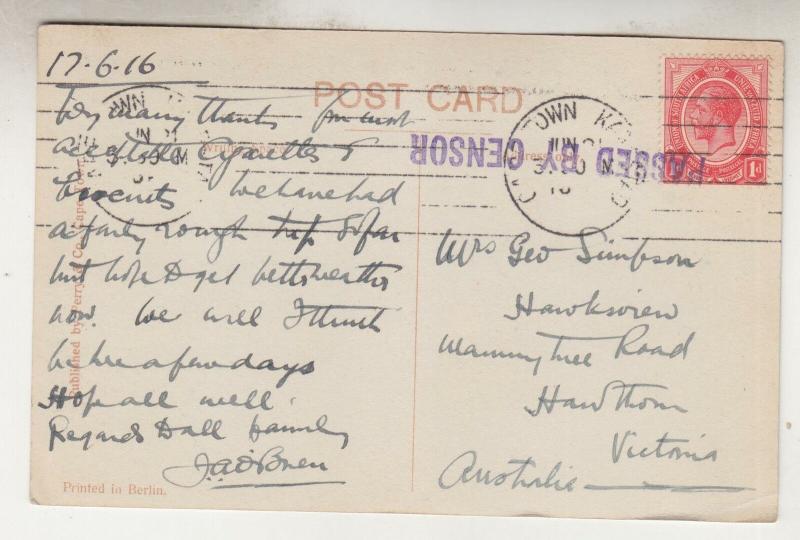 SOUTH AFRICA, 1916 ppc. Cape Town, Camps Bay, 1d. to Victoria, PASSED BY CENSOR.