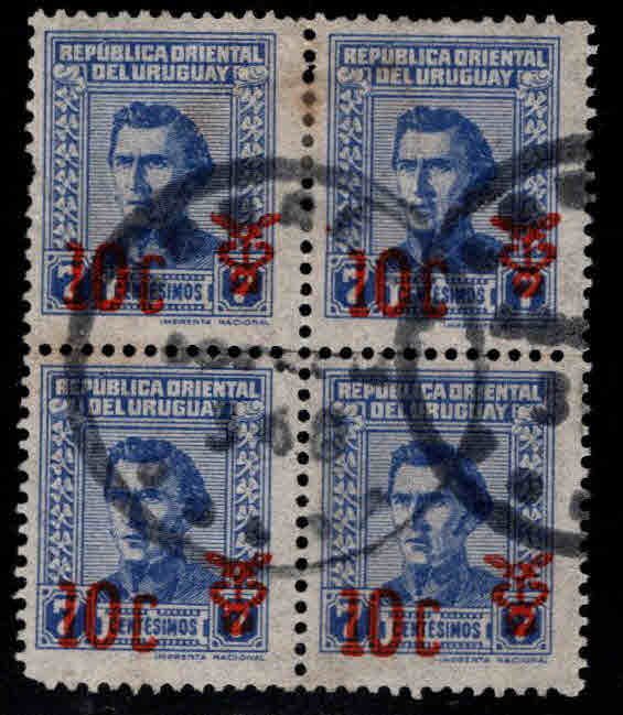 Uruguay Scott 726 Used surcharged block of 4 stamps