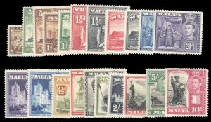 Malta #191-205 Cat$75, 1938-43 George VI, complete set, never hinged