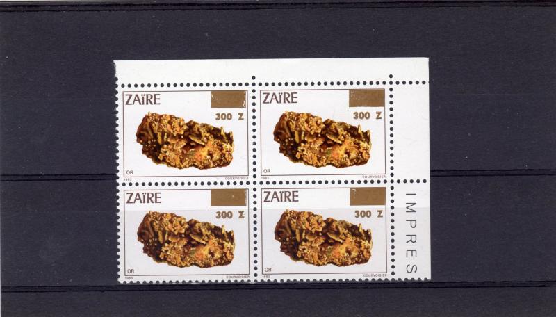 Zaire 1990 Sc#1332 Minerals-Gold ovpt.new value 300Z Block of 4 MNH