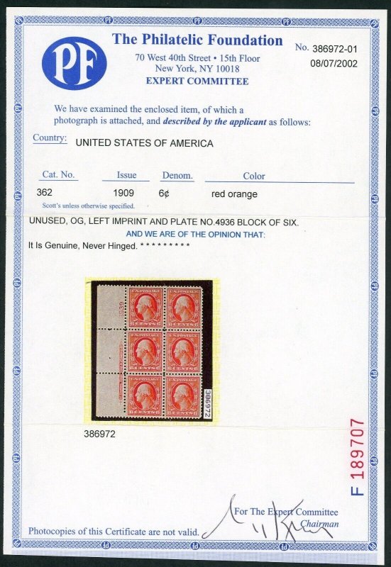 SCOTT #362 6C BLUE PAPER XF PLATE BLOCK MINT OG NH W/ PF CERT FINEST AK 3/26/24